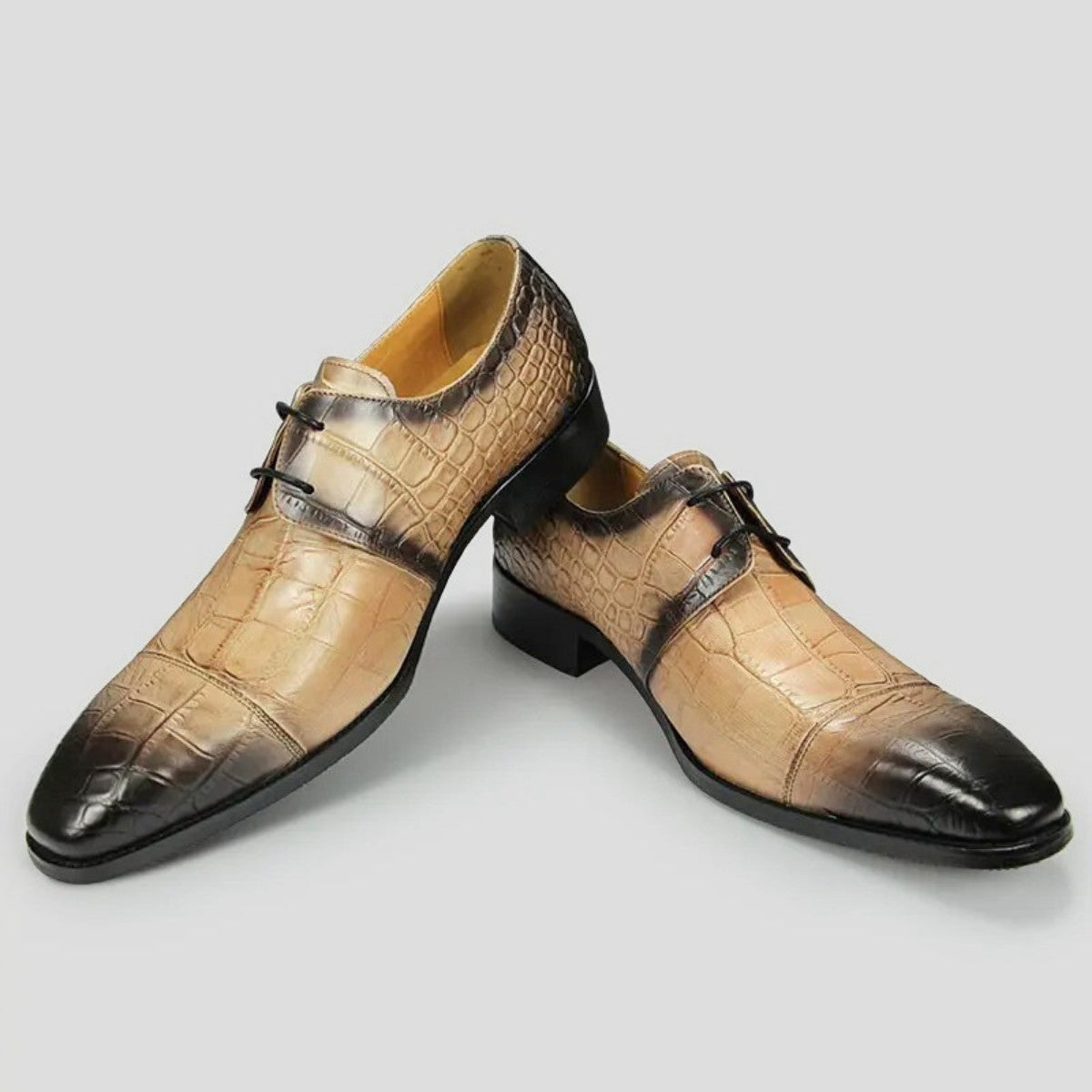 Khaki Crocodile-Embossed Leather Oxford Shoes