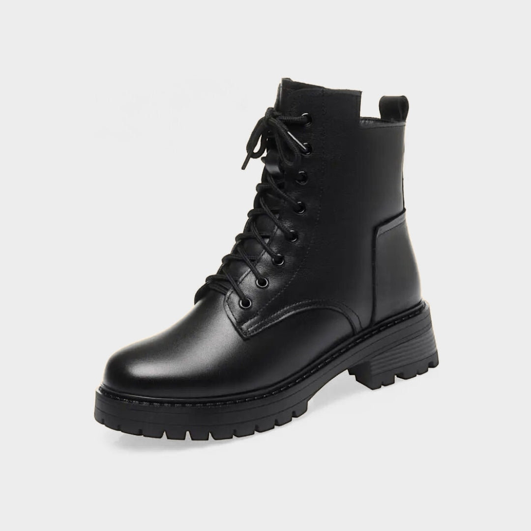 Leather Lace-Up Combat Low Heel boots with Warm Faux Fur Lining