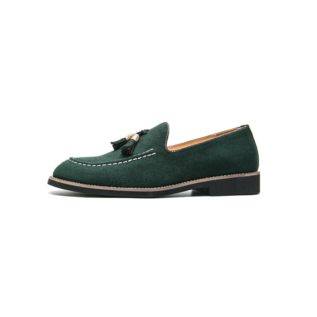 Contrast Stitch Suede Loafers with Metallic Gold-Tone Tassels and Low Block Heel