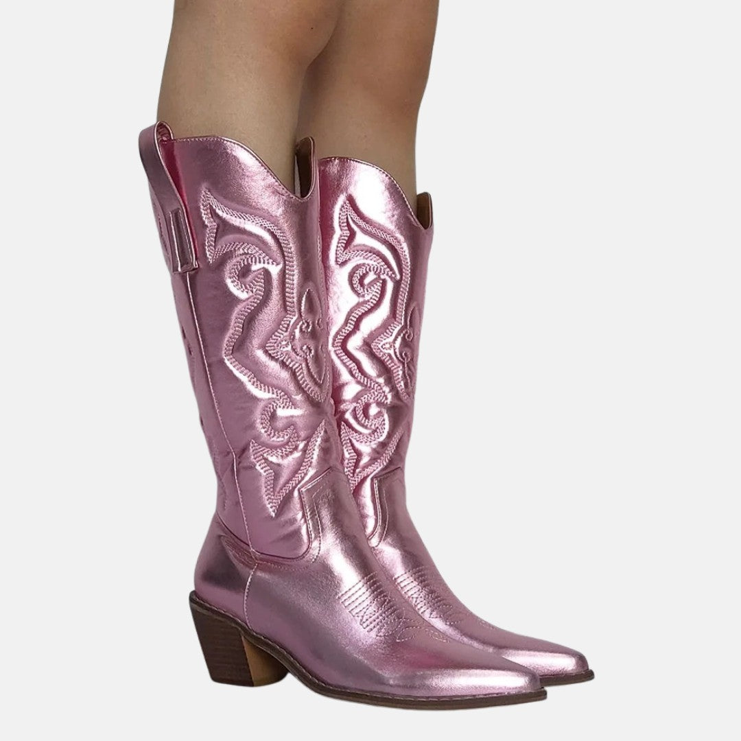 Metallic Finish Embroidered Mid-Calf Western Cowboy Boots