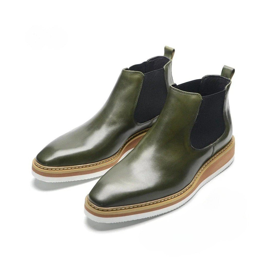 Leather Smart Casual Chelsea Ankle Boots with White Wedge Platform Sole