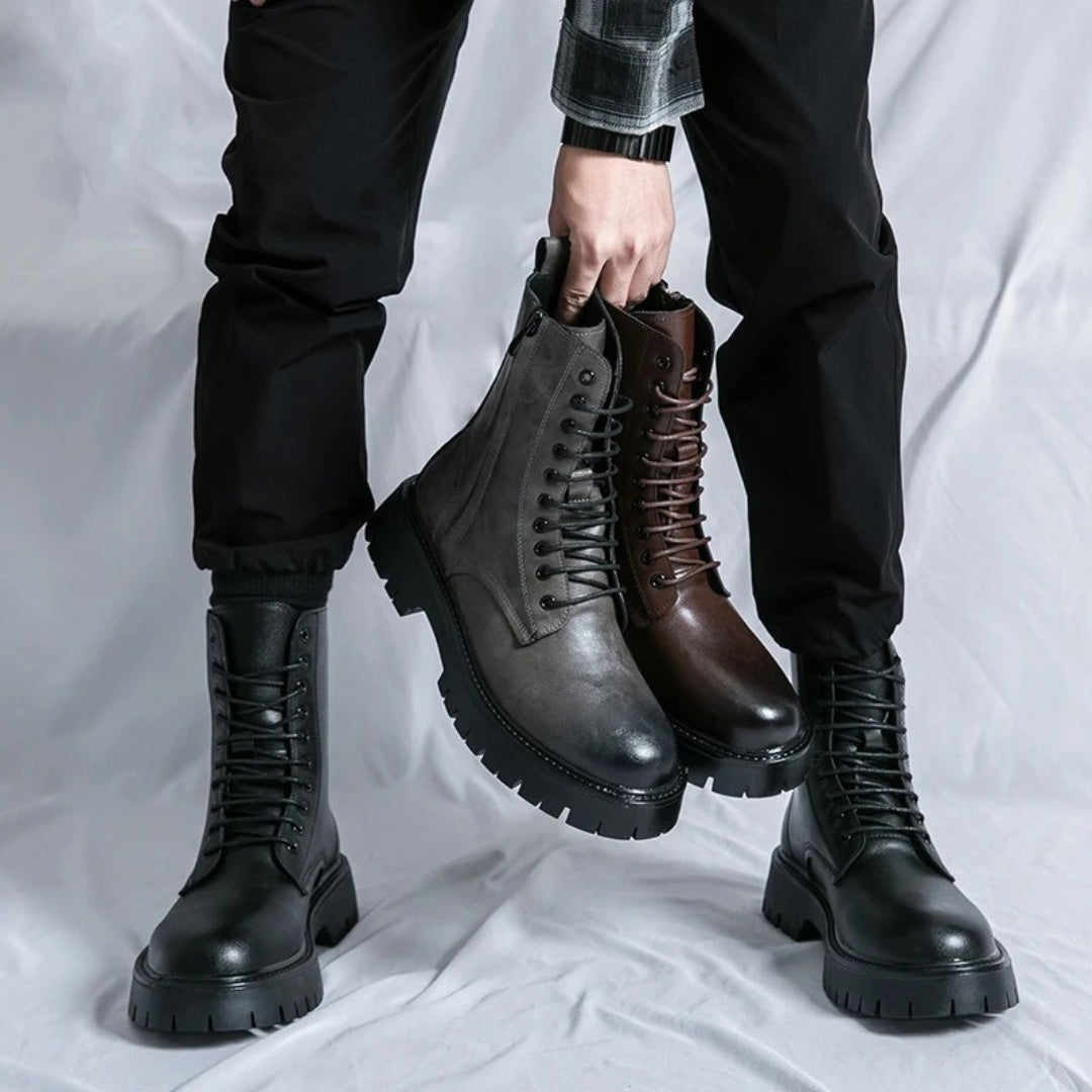 Leather Lace-Up Ankle Boots with Side Zipper and Platform Sole