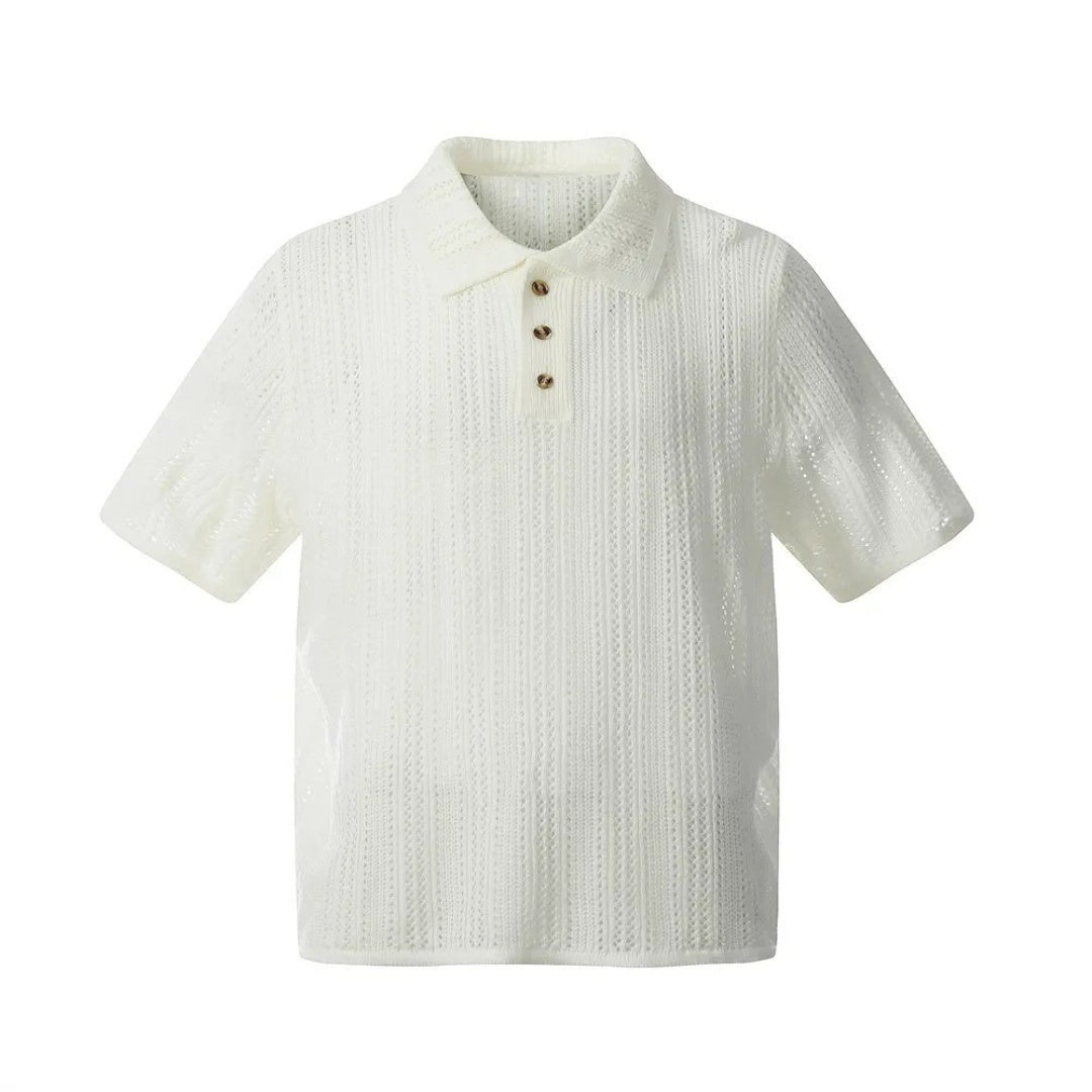 Short-Sleeve Crochet Knit Polo Shirt