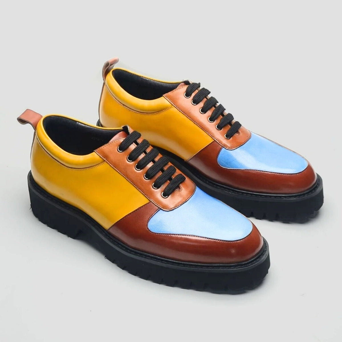 Bold Multitone Derby Shoes in Yellow, Brown & Blue Leather