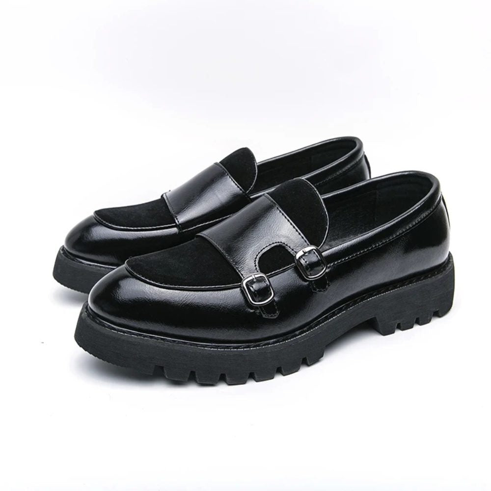 Glossy Suede Strap Chunk Sole Loafers