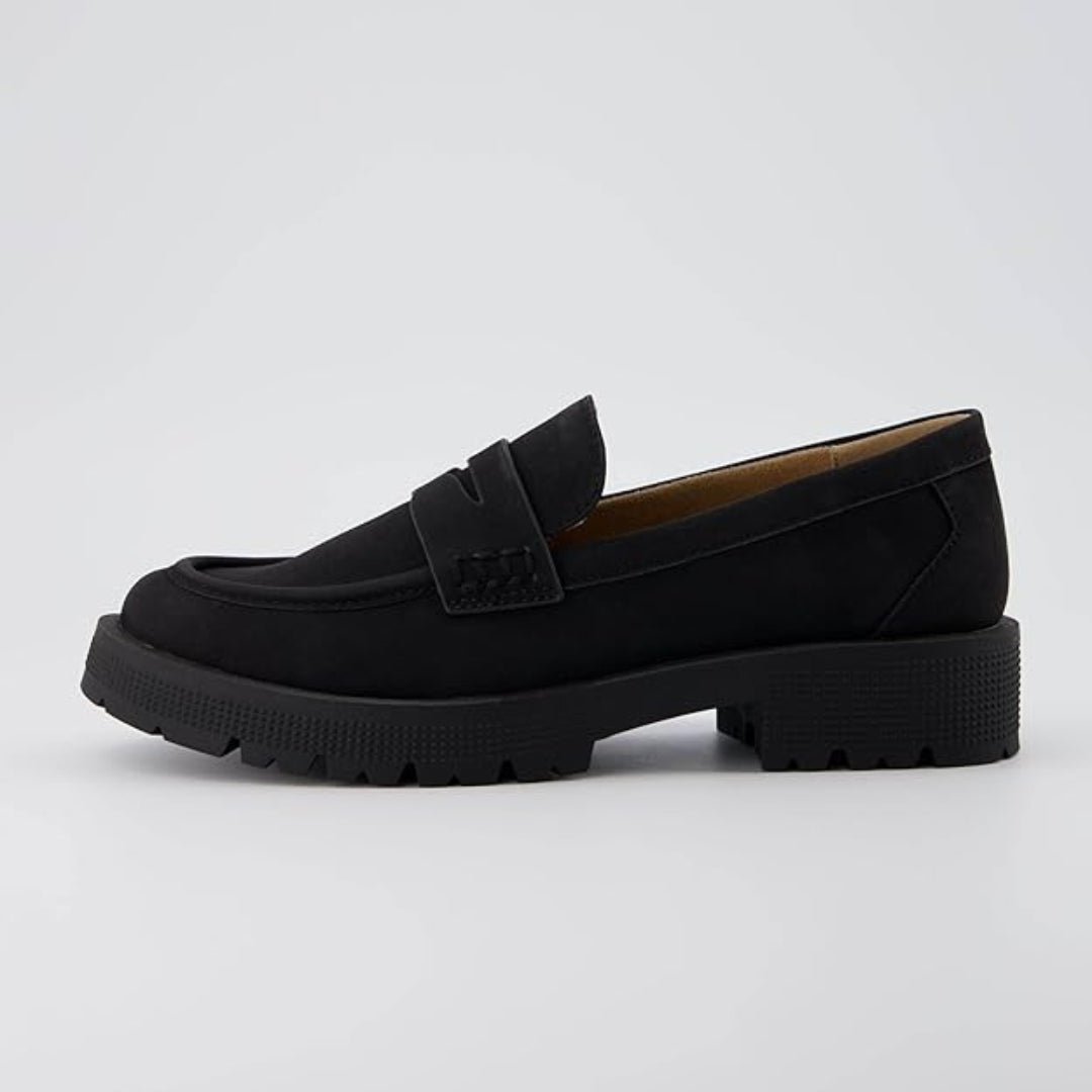 Leather Suede Penny Loafer Pumps with Low Block Heel