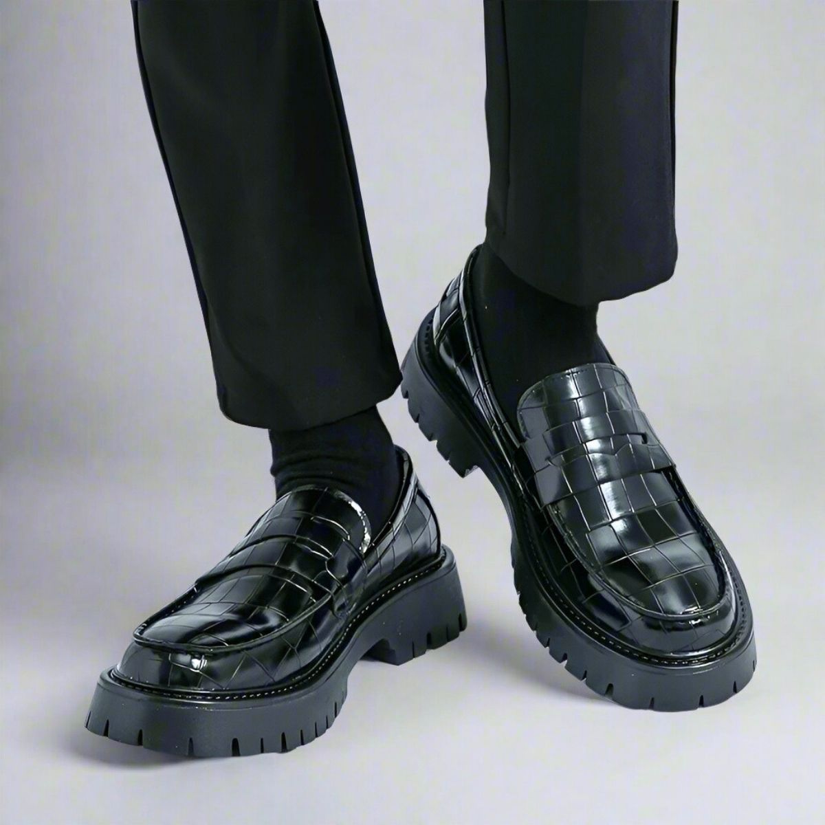Black Crocodile-Pattern Penny Loafers with Chunky Sole
