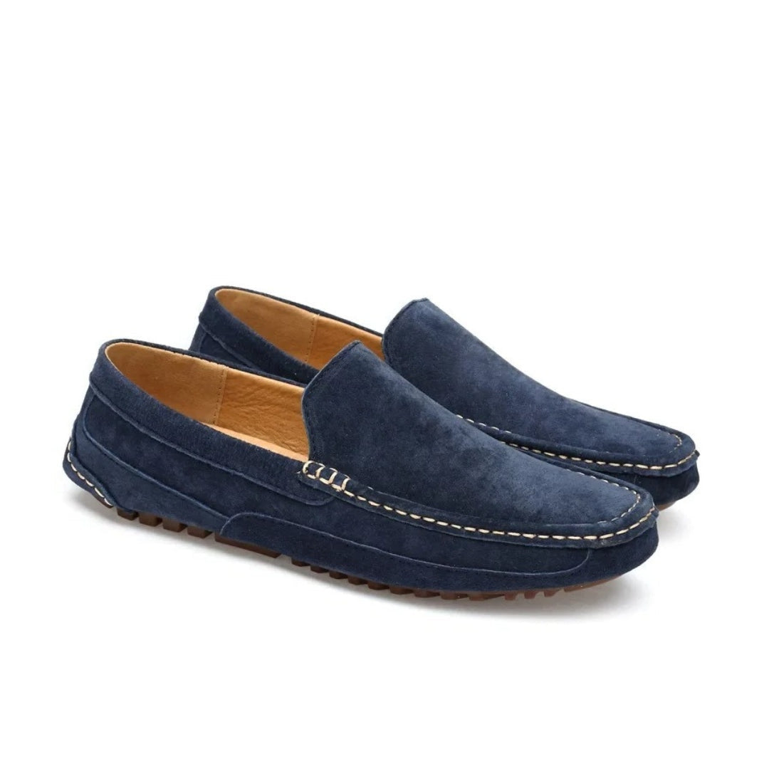 Cow Suede Driving Loafers with Cushioned Grip Sole and Contrast Stitching