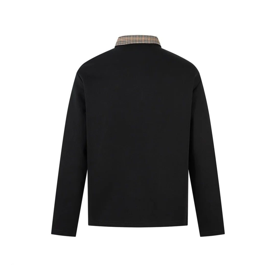 Black Long Sleeve Polo with Half-Zip Closure and Plaid Collar