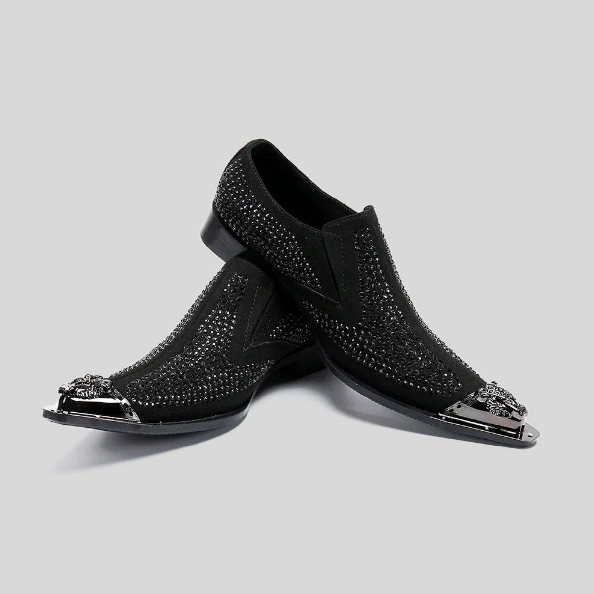 Rhinestone Slip-On Loafers with Metal Crest Toe