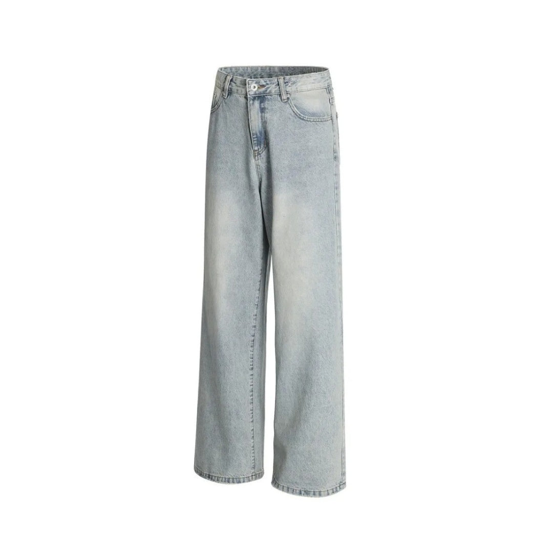 Washed Blue Wide-Leg Denim Jeans with Distressed Finish