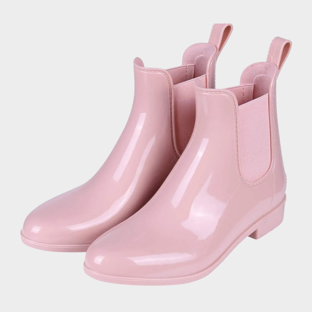 Glossy Waterproof Chelsea Ankle Rain Boots with Low Heel and Pointed Toe