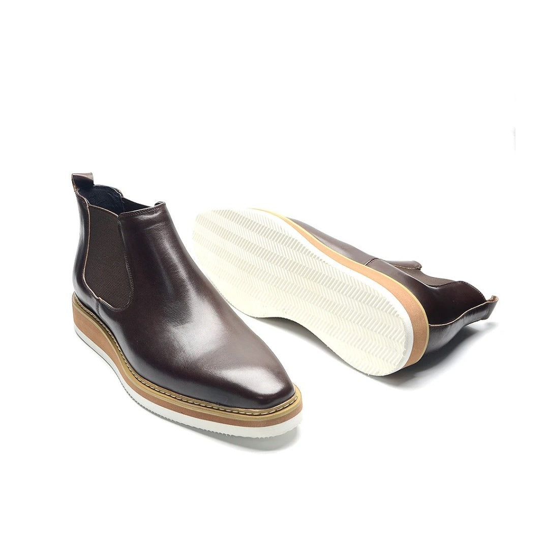 Leather Smart Casual Chelsea Ankle Boots with White Wedge Platform Sole