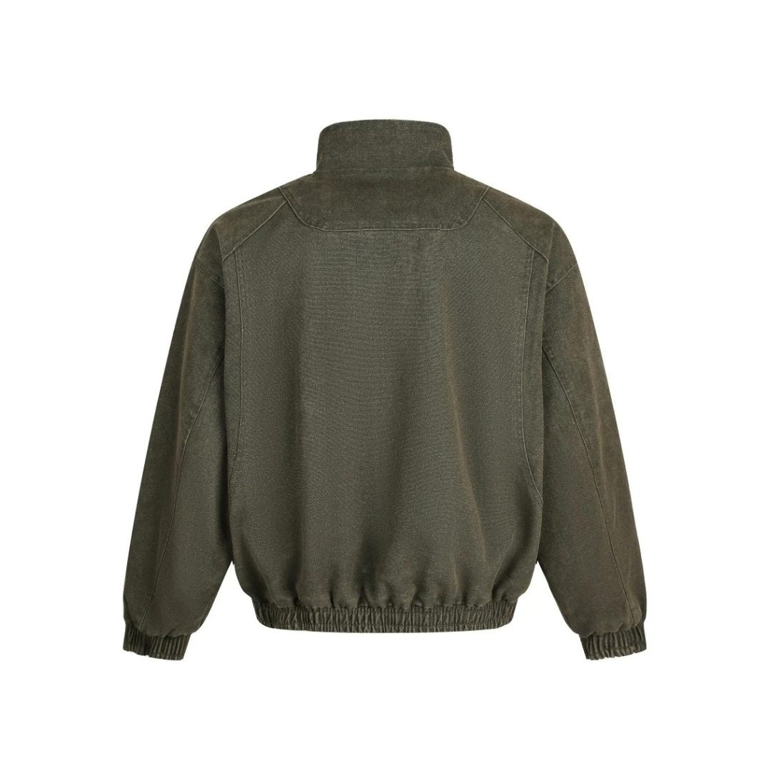 Washed Denim Stand Collar Jacket with Panel Detailing