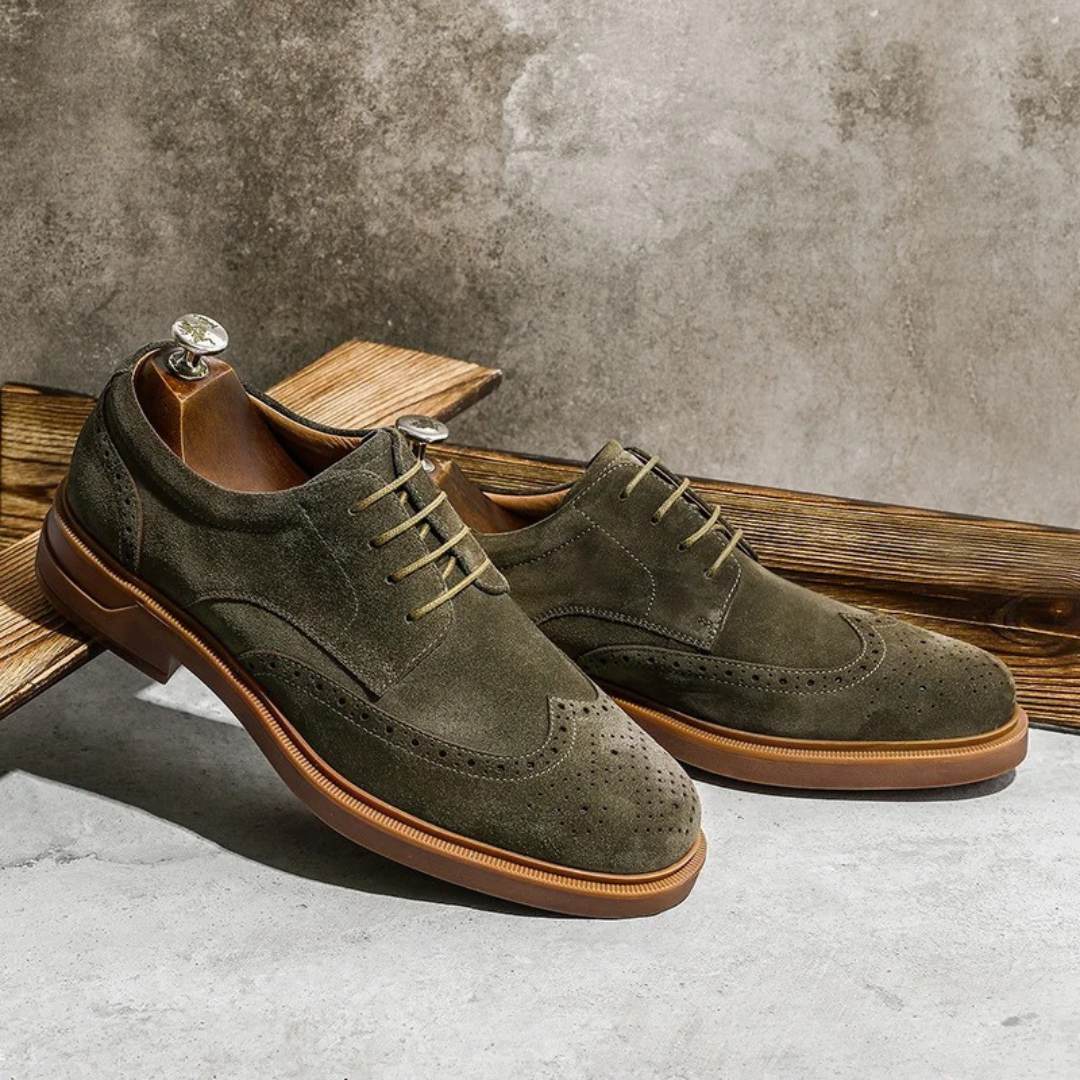 Brogue Suede Leather Derby Dress Shoes With Raised Sole and Block Heel