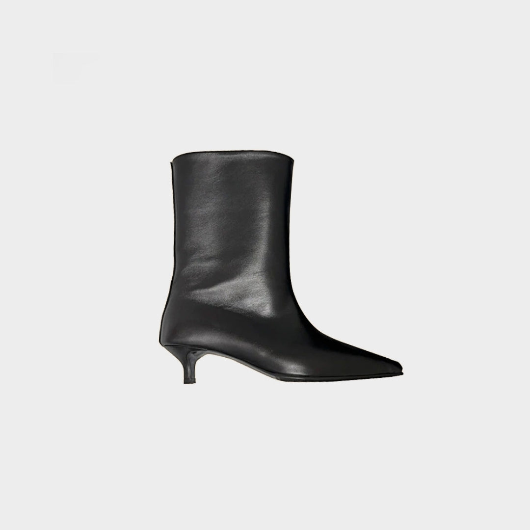 Vegan-Leather Mid-Calf Slip-On Boots with Pointed Toe and Kitten Heel