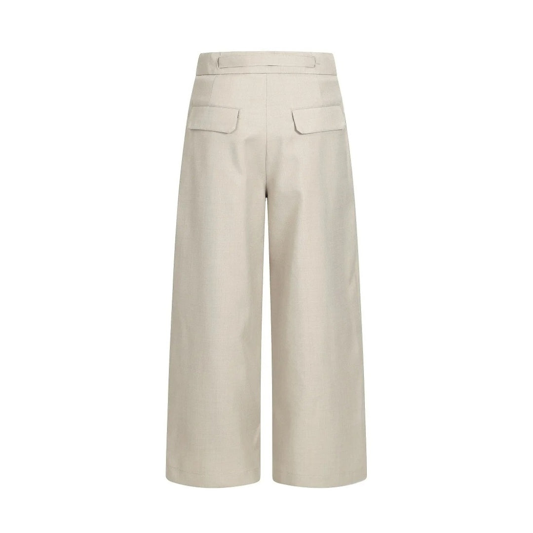 Beige Pleated Wide-Leg Trousers With Integrated Belt