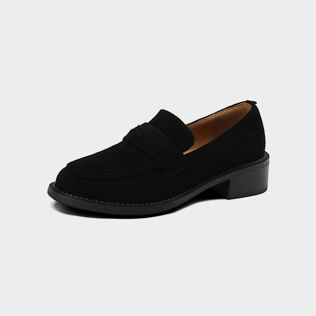 Leather Suede Penny Loafer Pumps with Low Block Heel