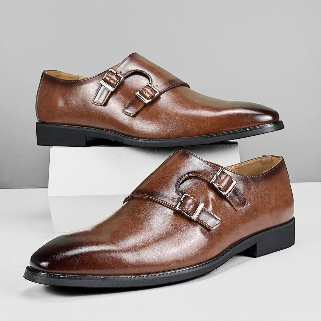 Classic Double Monk Strap Formal Dress Shoes with Cushioned Insole and Low Block Heel