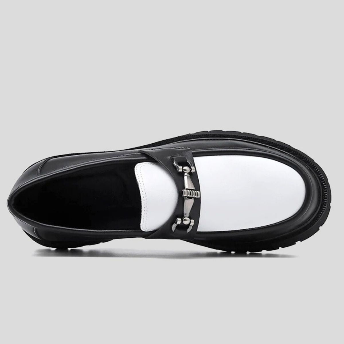 Black and White Leather Horsebit Loafers