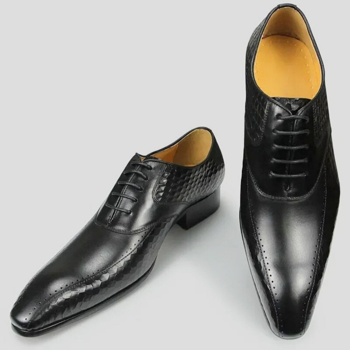 Black Leather Oxford Dress Shoes with Reptile-Print Detailing