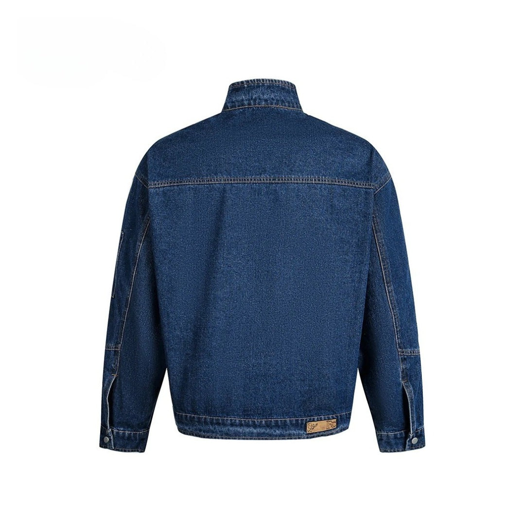 Blue Denim Stand Collar Denim Jacket