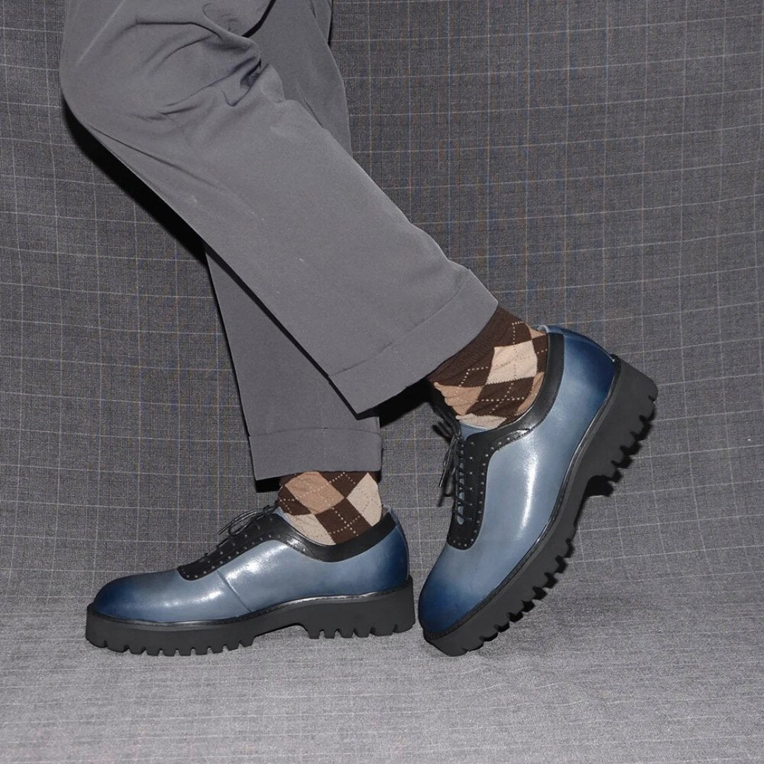 Black Blue Gradient Leather Oxford Dress Shoes with Elevated Heel