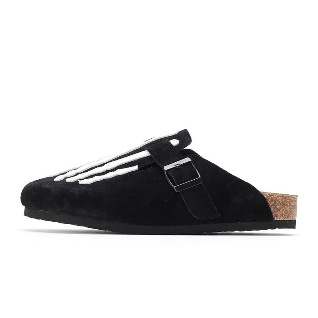 Suede Skeleton Slide Clogs with Cork Sole and Buckle Strap
