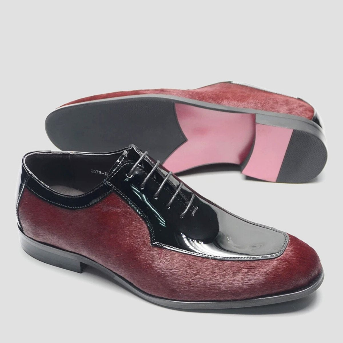 Wine Red Calf Hair Derby Shoes with Patent Leather Trim