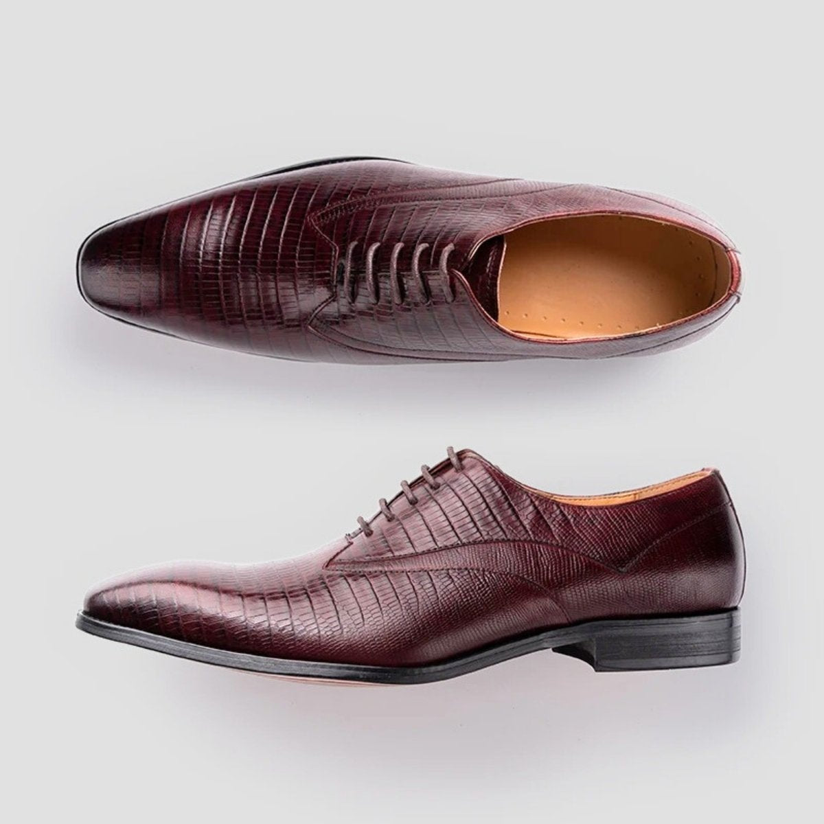 Burgundy Lizard-Embossed Leather Oxford Shoes