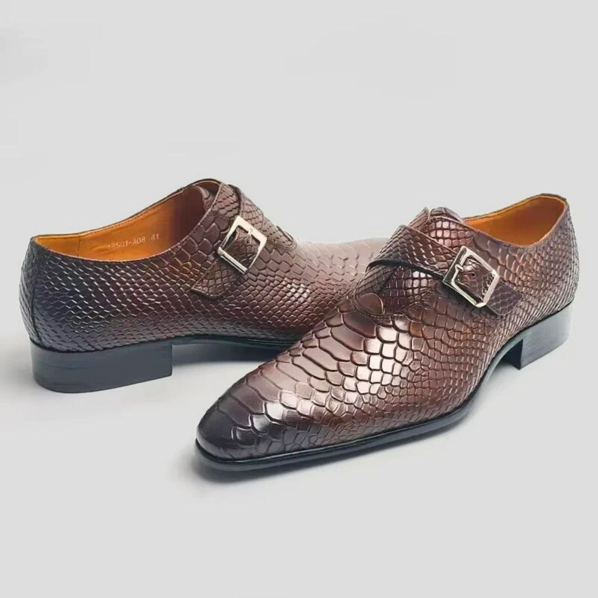 Brown Snake-Pattern Monk Strap Dress Shoes