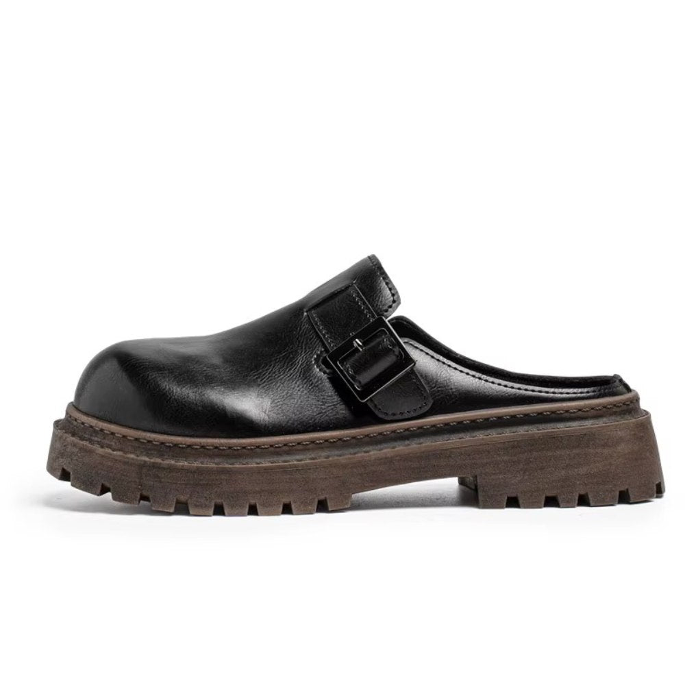 Black Backless Leather Buckle Loafers with Lug Sole