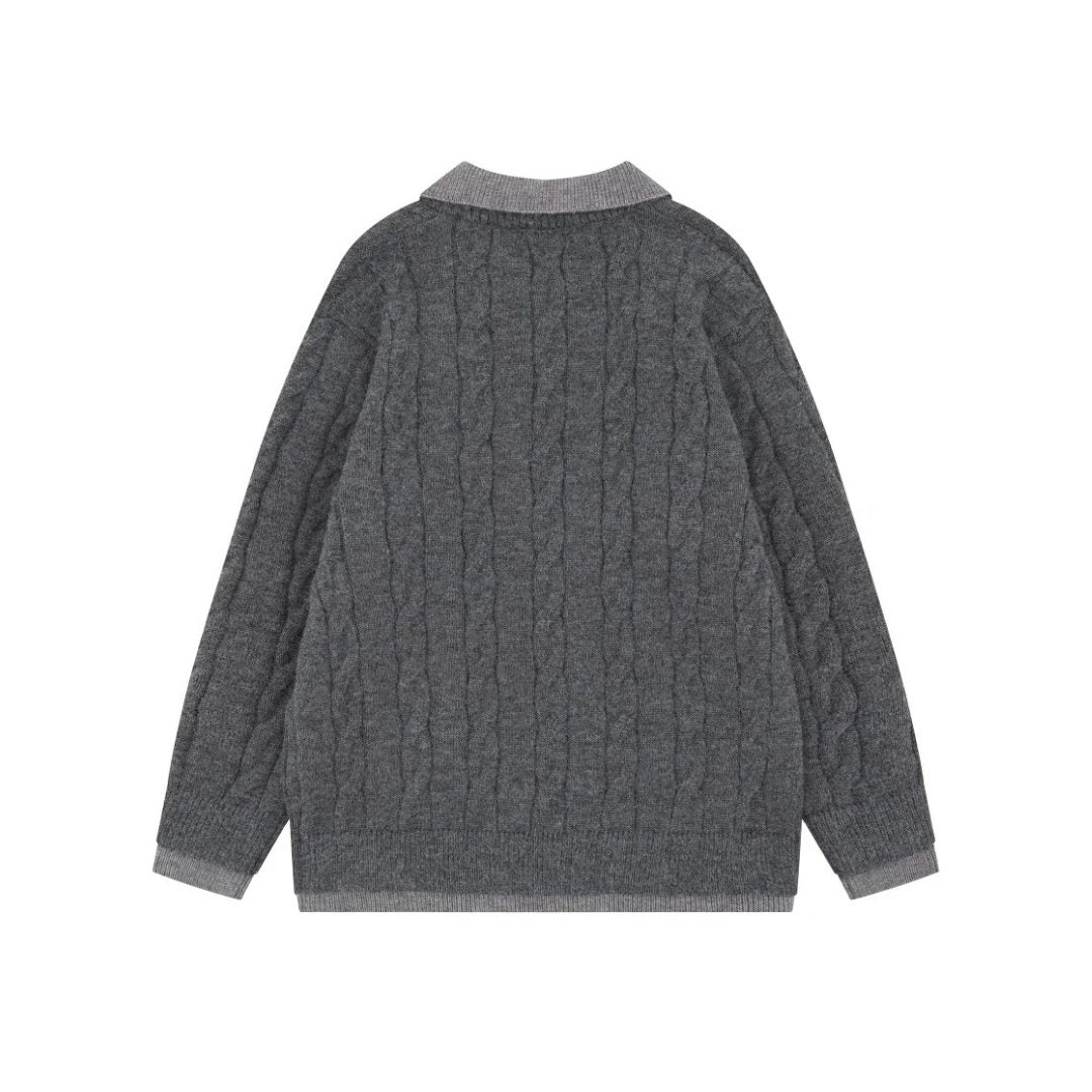 Collared Cable-Knit Pullover Grey with Layered Look