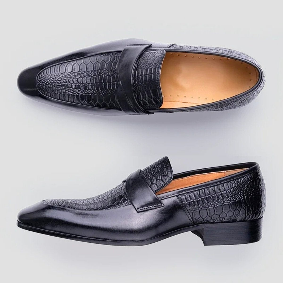 Black Crocodile-Embossed Leather Loafers