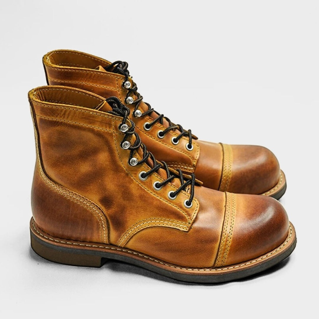 Leather Moc Toe Boots with Goodyear Welt and Rubber Sole