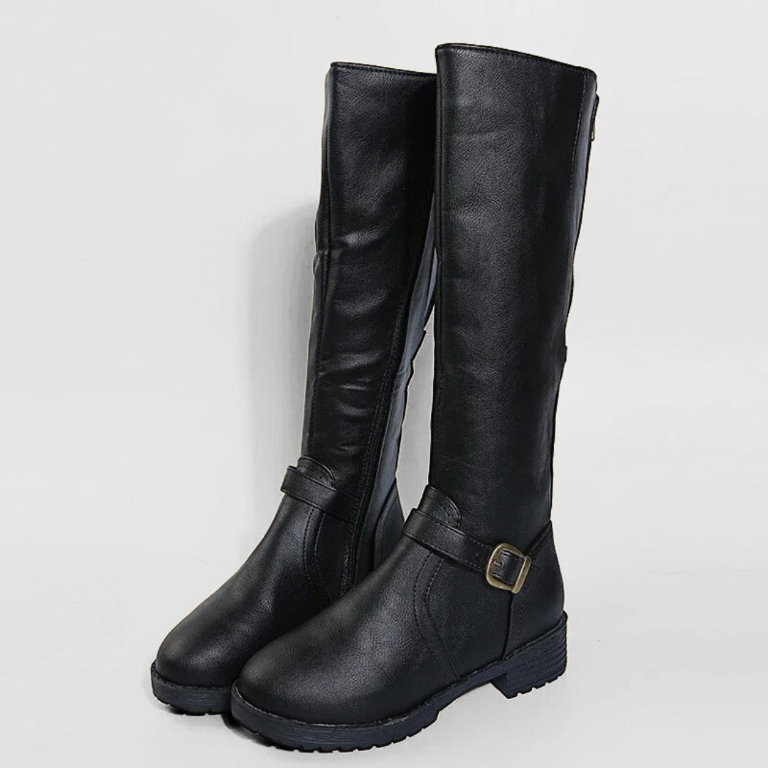 Riding Vegan-Leather Mid-Calf Zip Boots with Square Heel and Buckle Detail