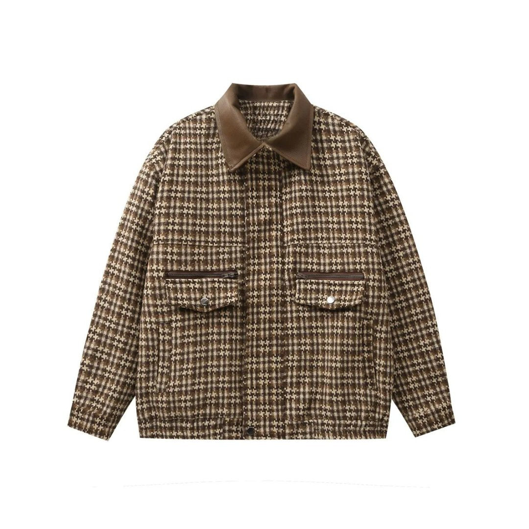 Plaid-Pattern Mid-length Jacket with Leather Collar