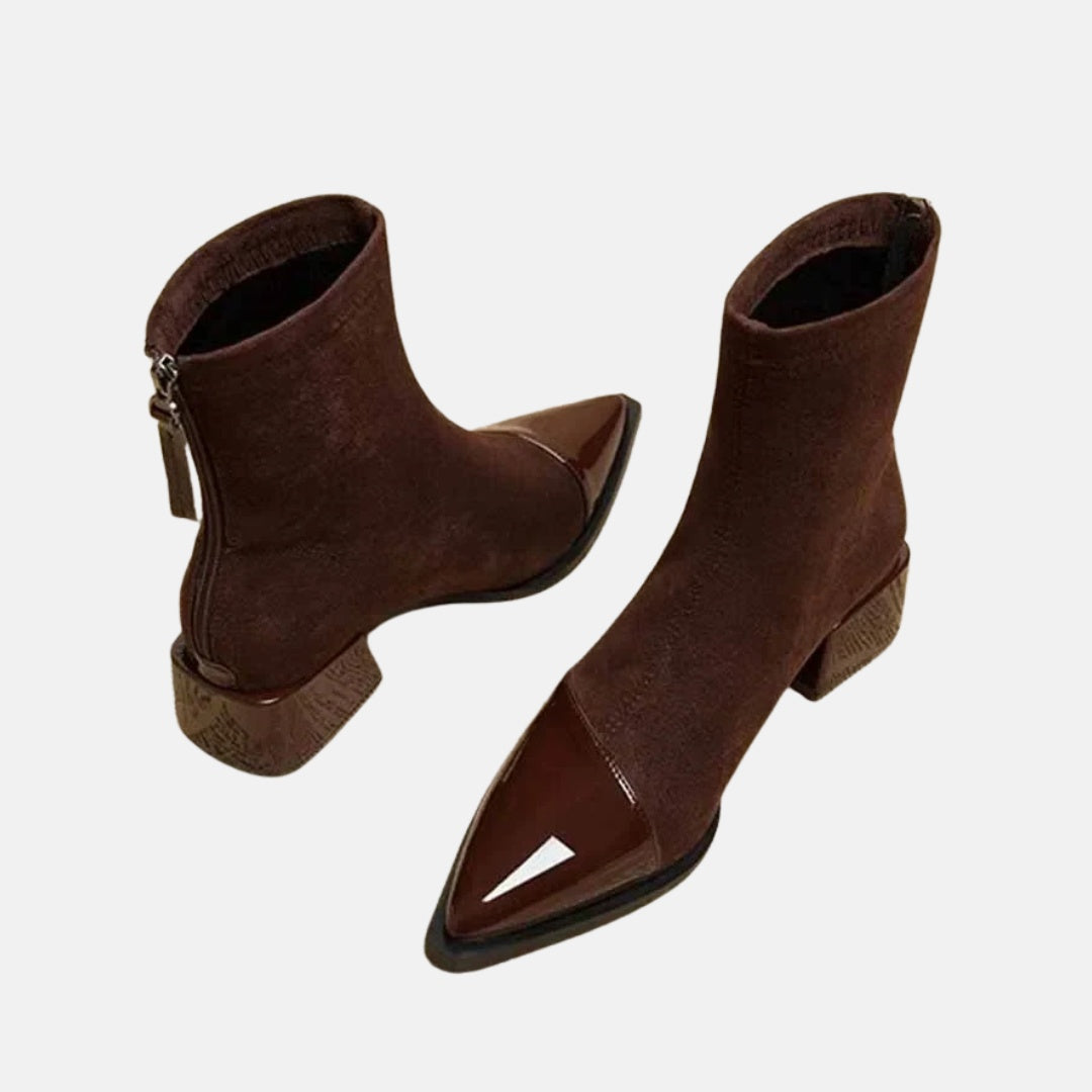 Suede Sock Ankle Boots with Mid Block Heel and Pointed Gloss Toe