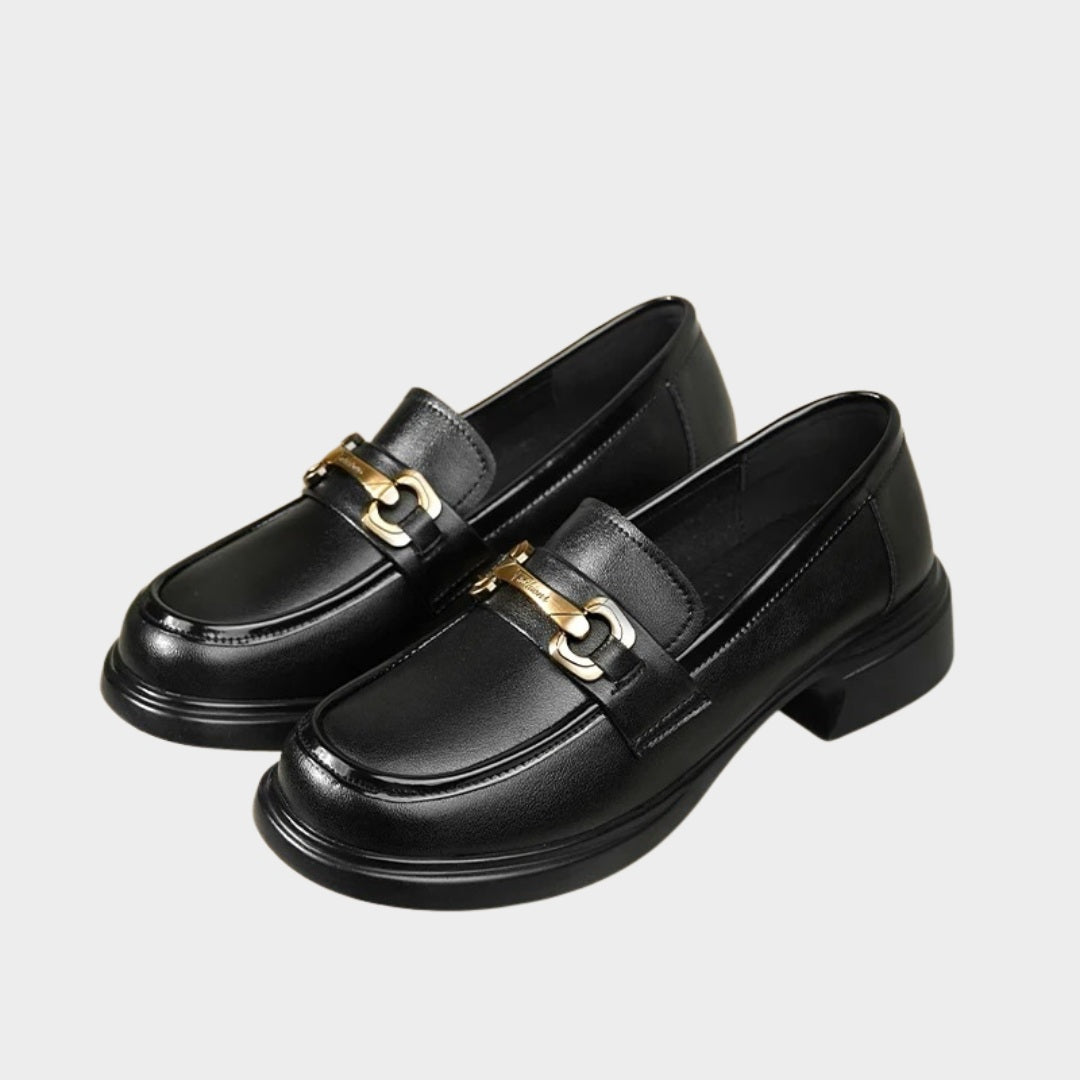 Block Heel Leather Loafers with Metallic Front Bit