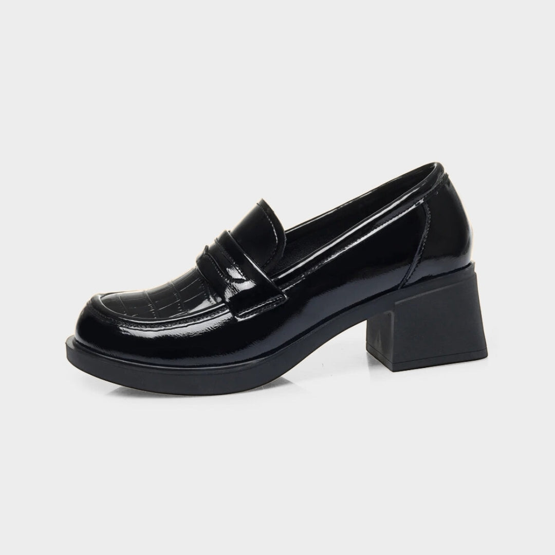 Black Gloss Leather Platform Penny Loafer Pumps