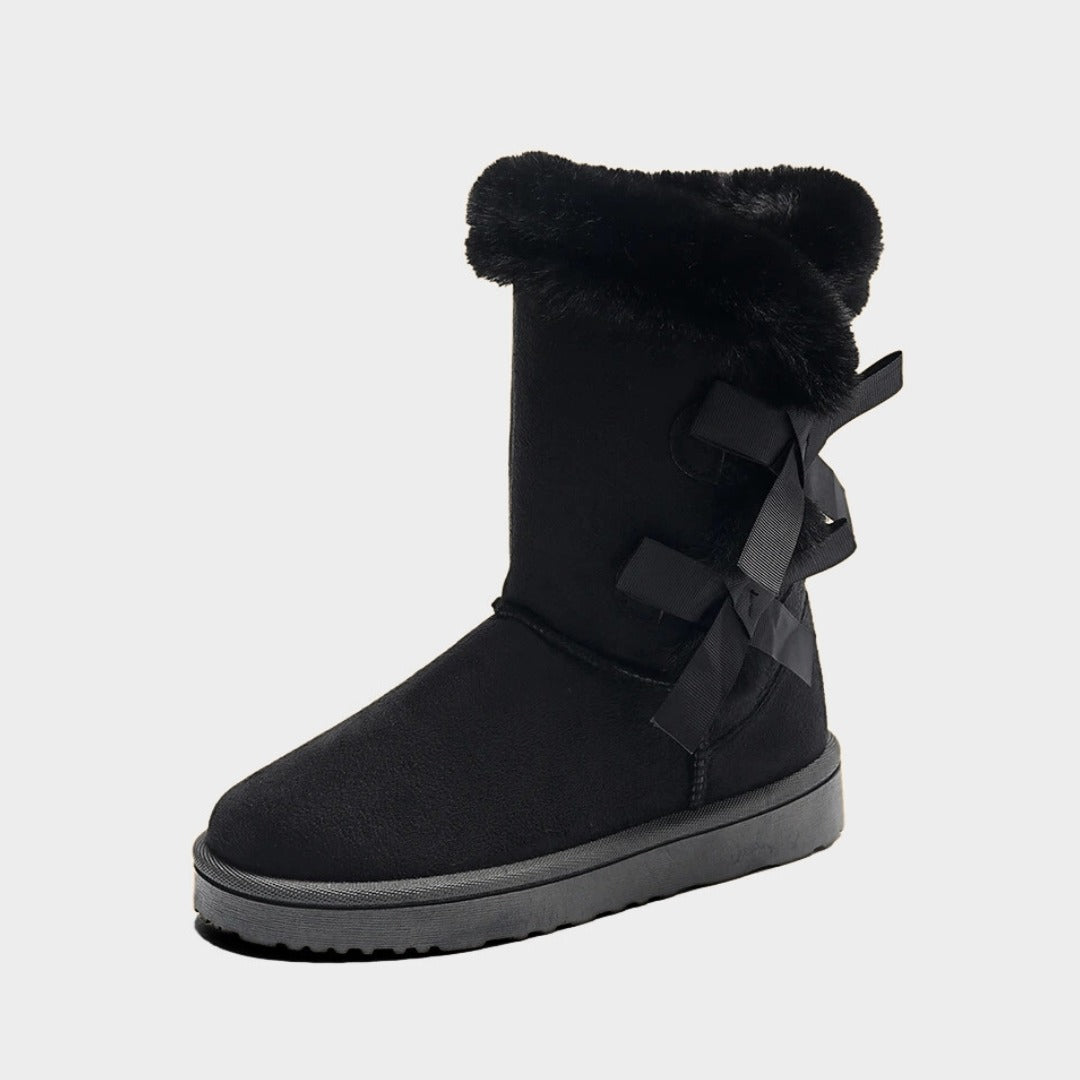 Mid-Calf Slip-On Winter Platform Boots With Side Bow Details and Plush Lining