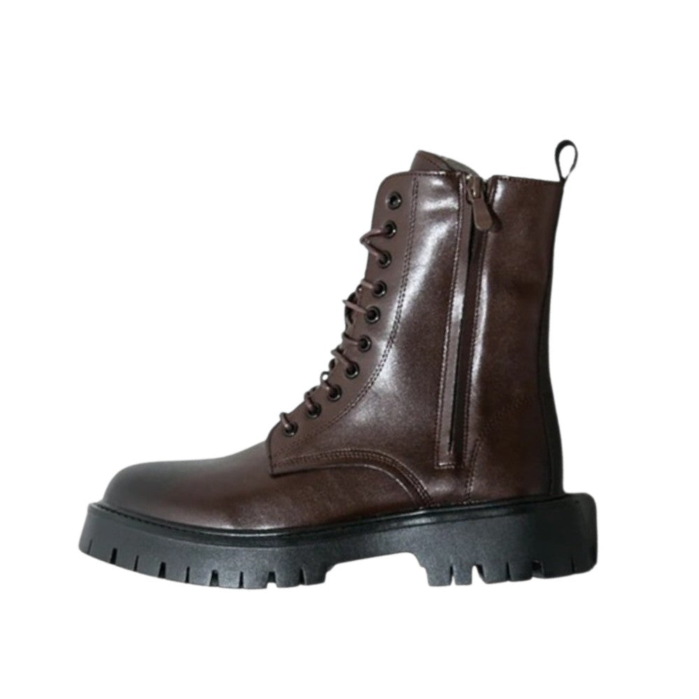 Leather Lace-Up Ankle Boots with Side Zipper and Platform Sole