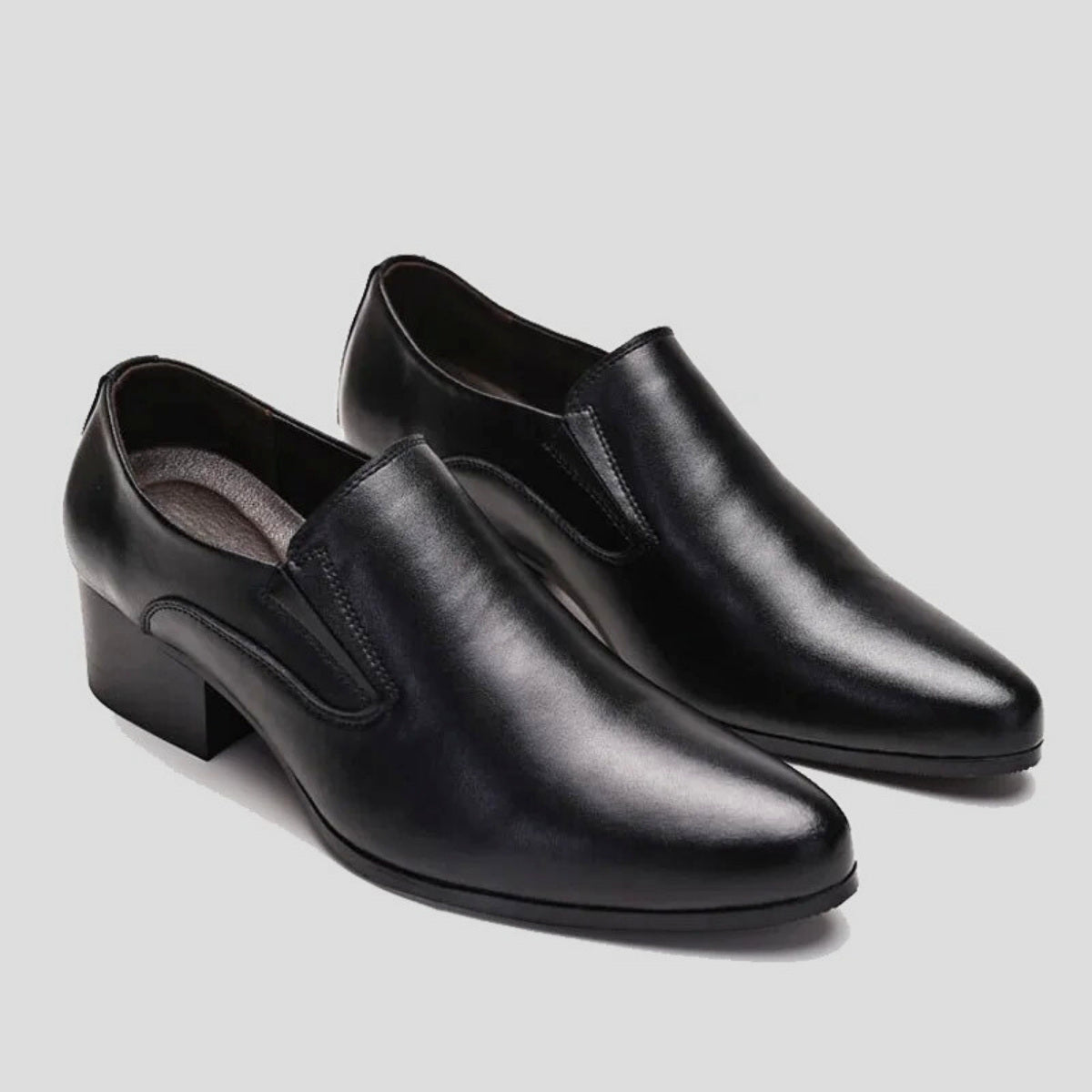 Black Polished-Leather Dress Shoes With Elevated Heel