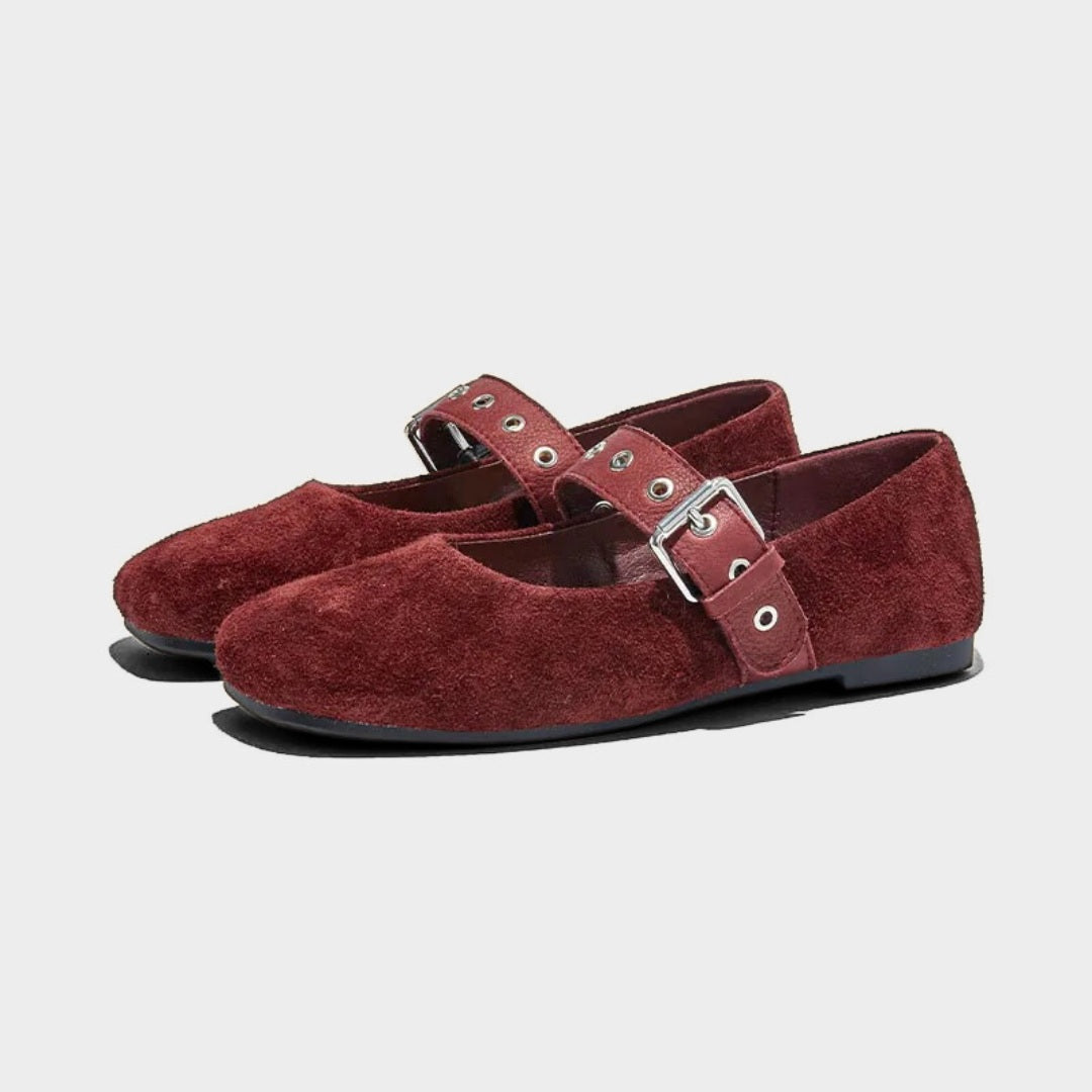 Textured Suede Mary Jane Flats with Leather Buckle Strap