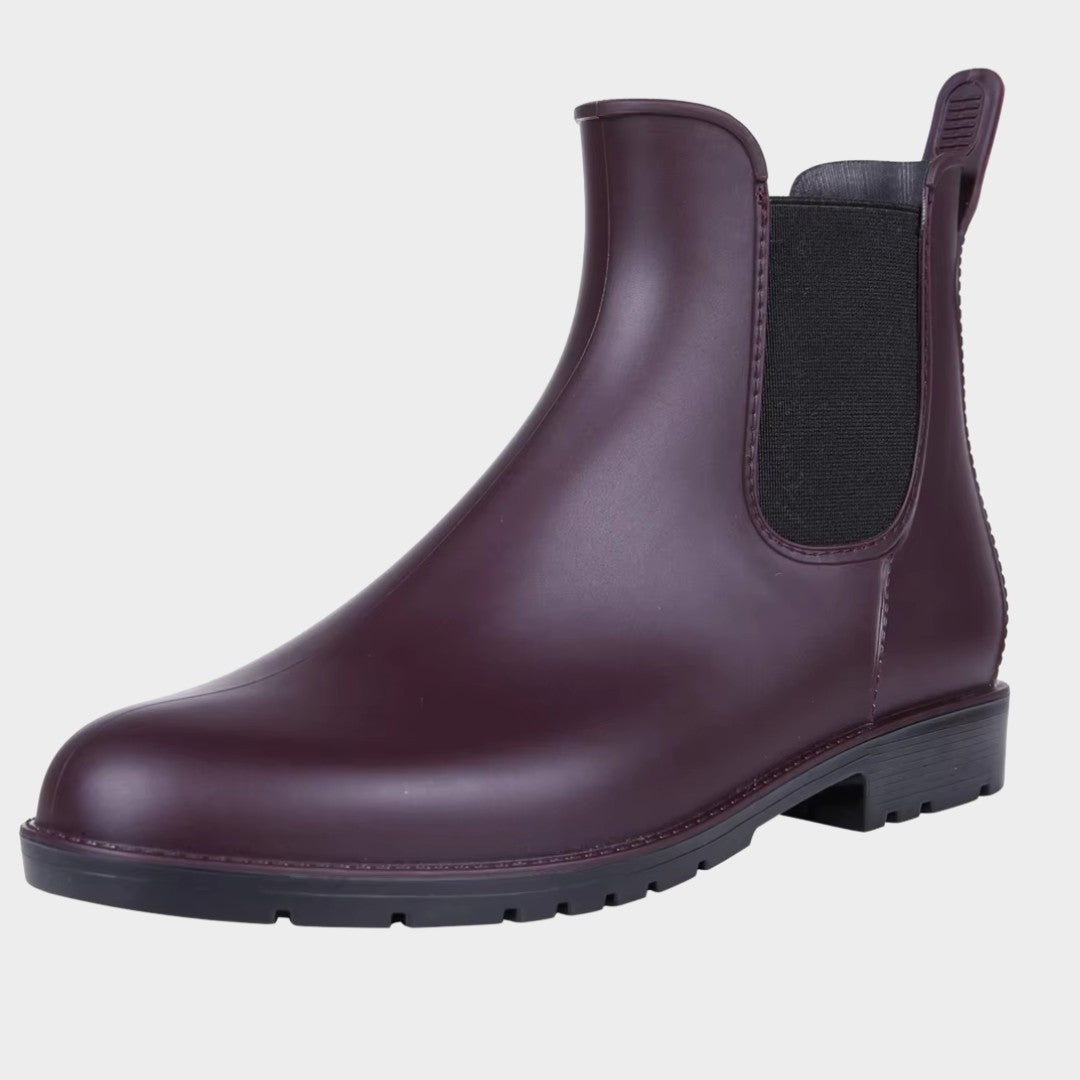 Glossy Waterproof Chelsea Ankle Rain Boots with Low Heel and Pointed Toe