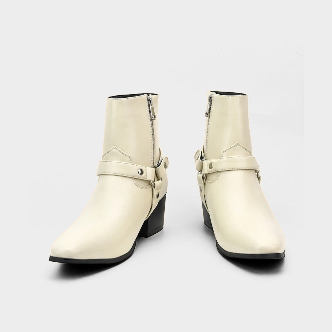 Western Harness Ankle Boots with Mid Heel Block and Almond Toe