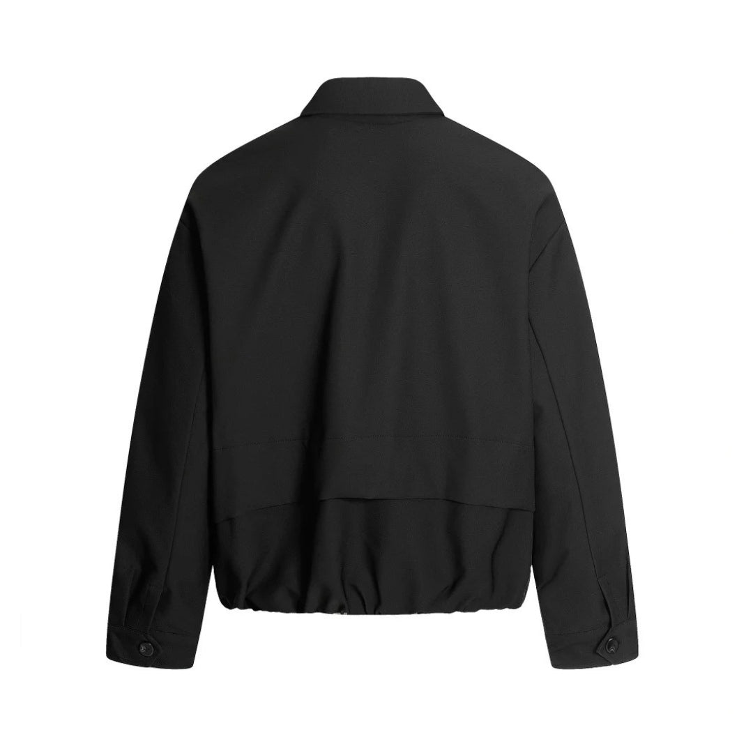 Black Spliced Jacket With Lapel Collar and Zip-Up Closure