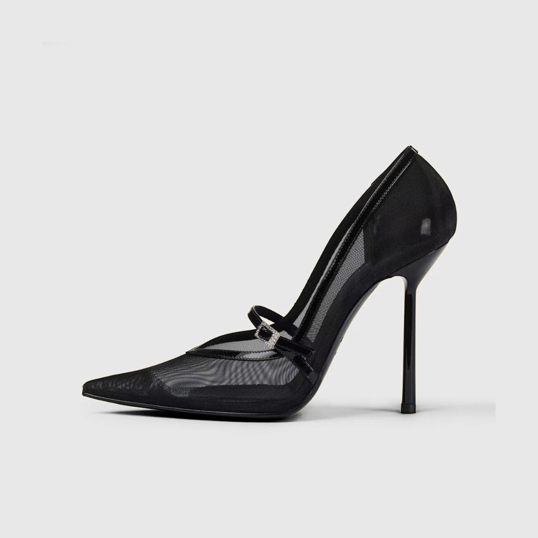 Black Mesh Mary Jane Stiletto Pumps with Rhinestone Buckle Strap