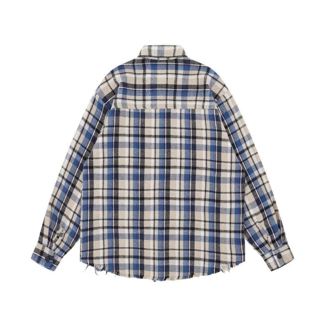 Blue Oversized Raw-Hem Plaid Shirt