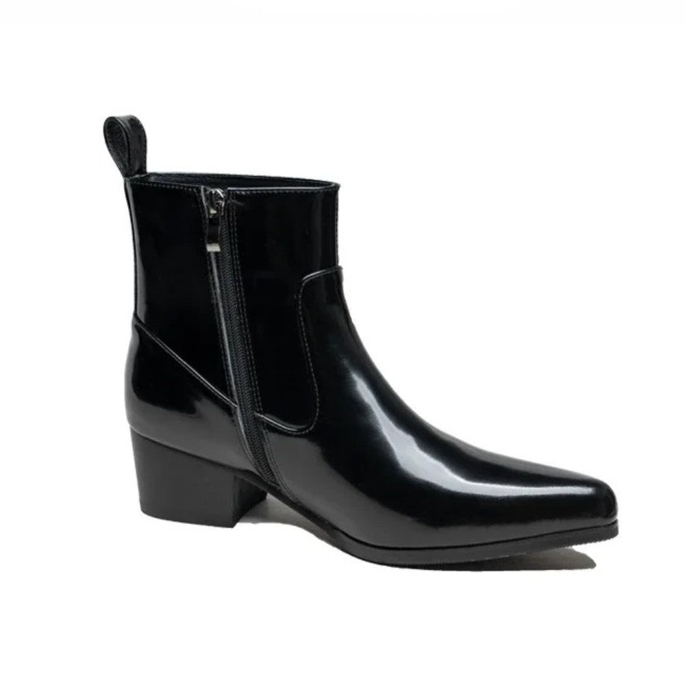 Black Patent Pointed Toe Heeled Chelsea Ankle Boots